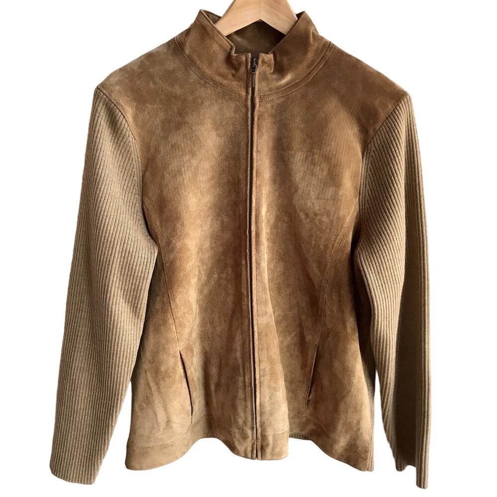 Pendleton Brown Beige Suede Front Zip Wool Sweater Jacket size XL